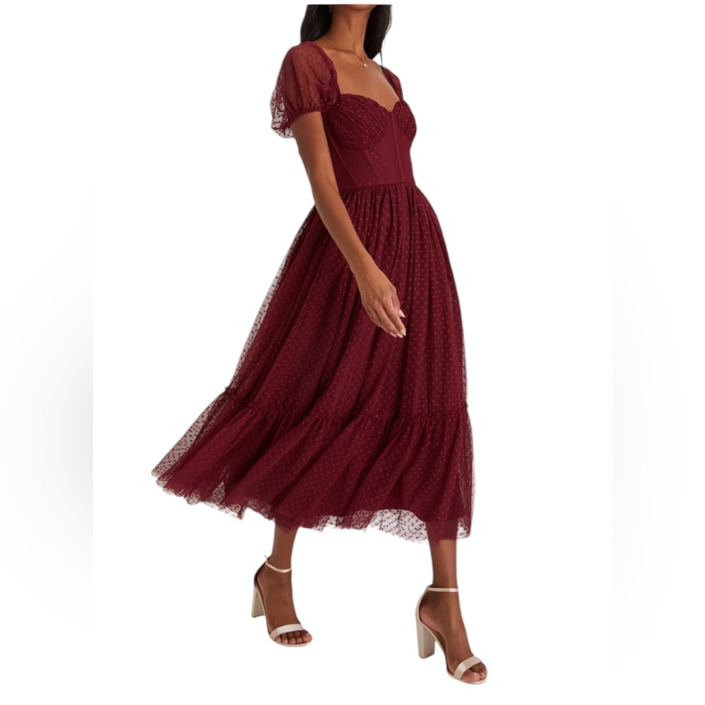 Lulus Sweet Amour Burgundy Tulle Swiss Dot Tiered Bustier  Midi Dress Size Large - Picture 4 of 13